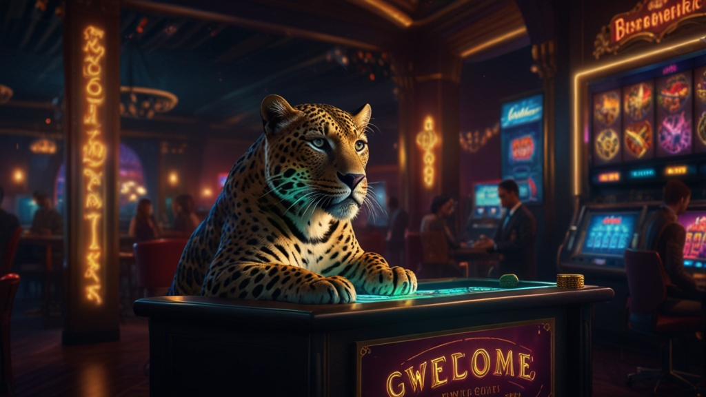 Schermo bonus con grafica leopardata e monete in un casinò scuro